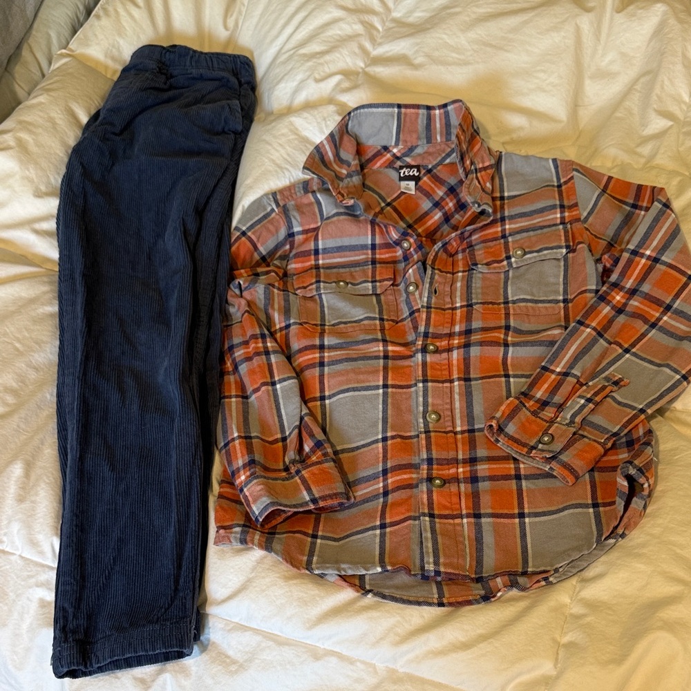 Tea Collection Orange and Gray Plaid Shirt with Navy Pants - Kids Matching Set